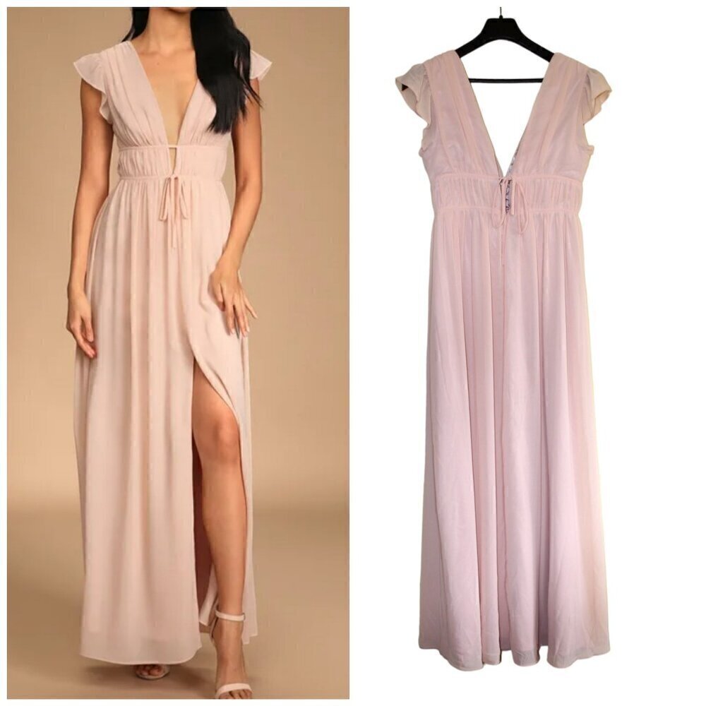 Lulus I'm Yours Blush Ruffled Maxi Dress Size Large angel sleeve Greek godness